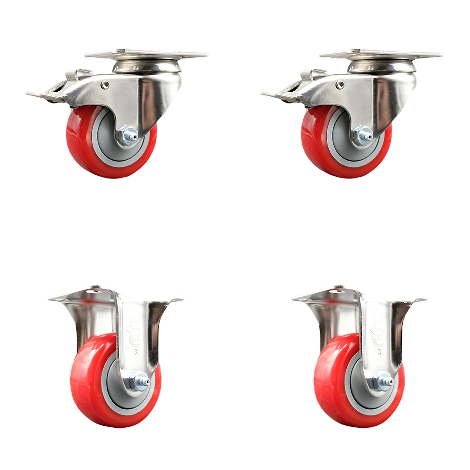 Service Caster, 3in. x 1 1/4in. Plate Casters, Wheel Diameter 3 in, Caster Type Swivel, Package (qty.) 4, Model# SCC-SS316TTL20S314-PPUB-RED-2-R-2